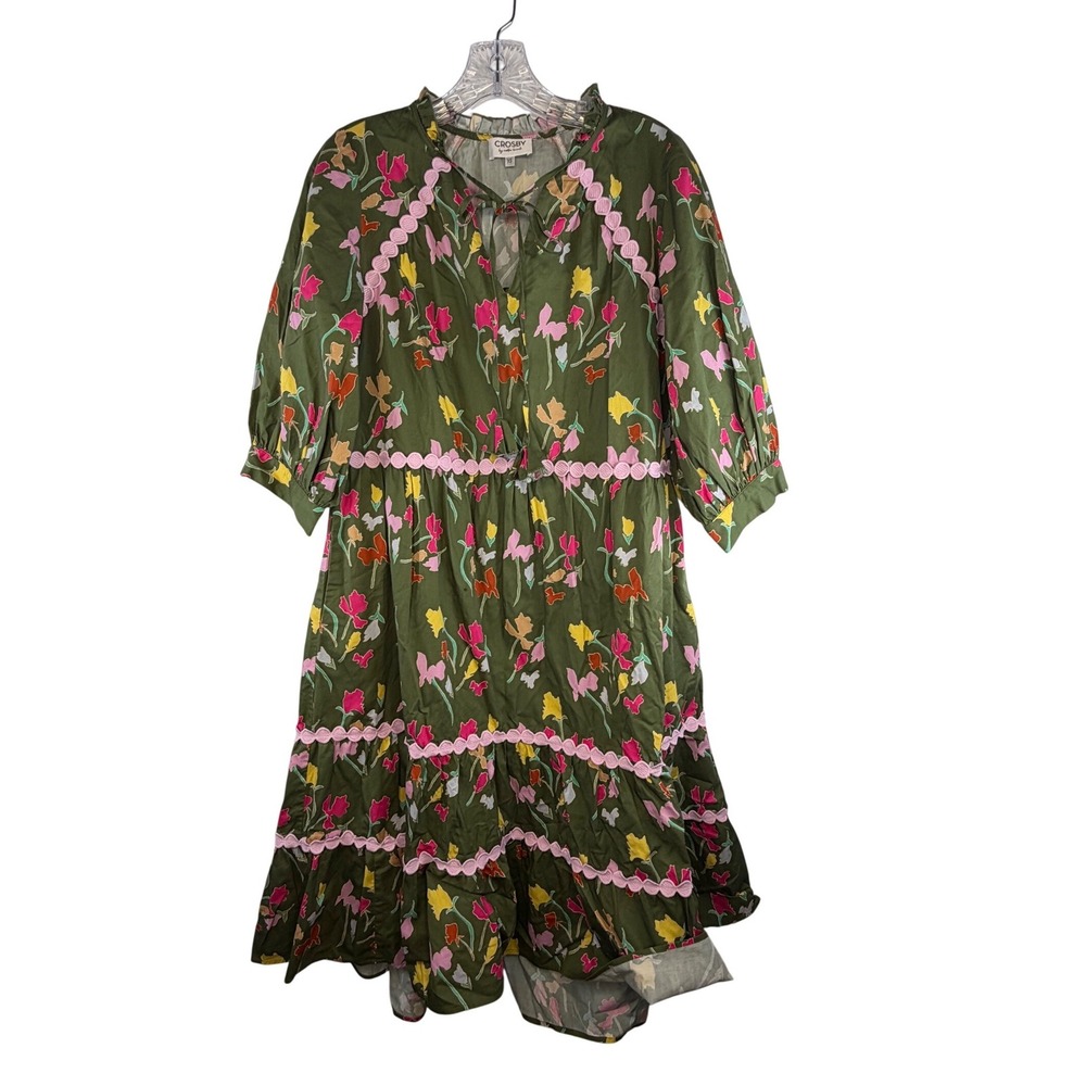 Crosby by Mollie Burch 100% Cotton Floral Midi Dress Olive Green Ric Rac‎ XS